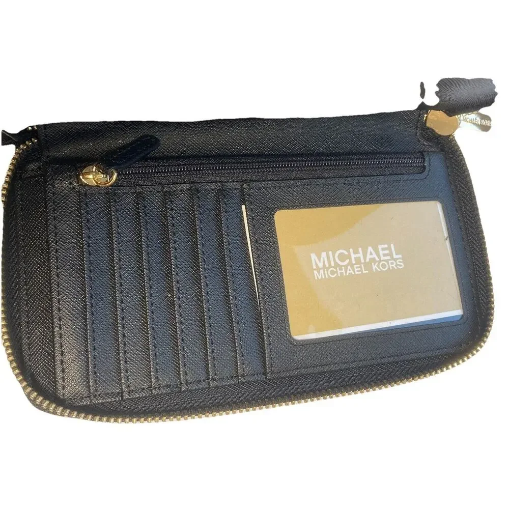 MICHAEL KORS Fulton‎ Black Pebbled Leather Wristlet/Wallet with Zipper & Gold